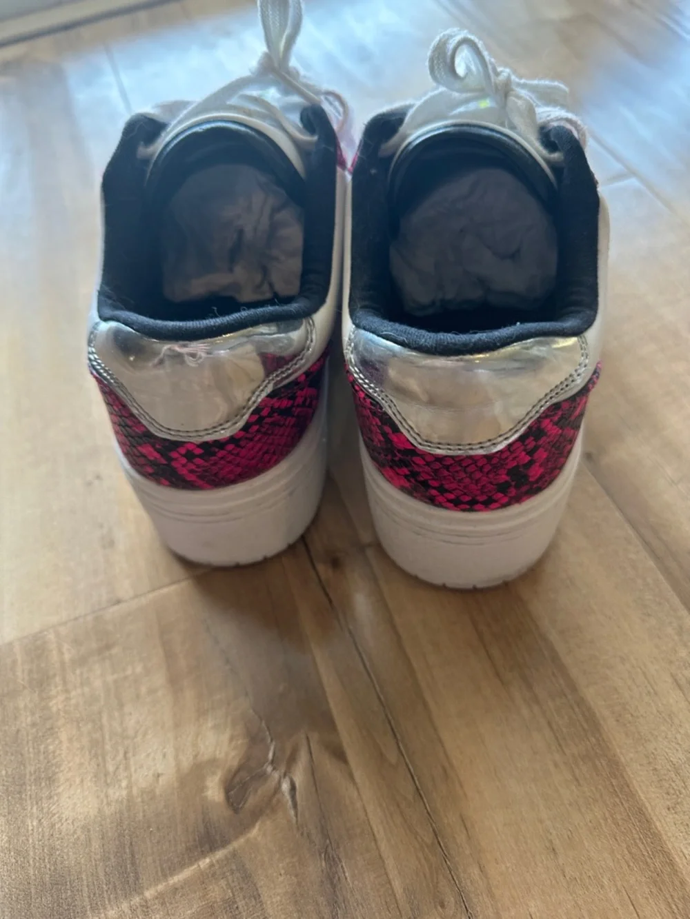 Guess White Platform Sneakers with Neon Pink and Neon Yellow Snakeskin Accents